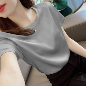 Ice Silk Short Sleeve T-shirt Womens Summer Classy Acetate Loose Slim Looking Shoulder Stylish Beautiful Chic Chiffon Shirt Tops
