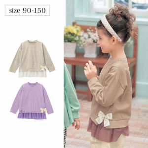 เสื้อยืดคอกลมแขนยาวผ้าฝ้ายแท้สำหรับเด็กผู้หญิง ทรงหลวม ปักโบว์ เสื้อแฟชั่นฤดูใบไม้ผลิและฤดูใบไม้ร่วง