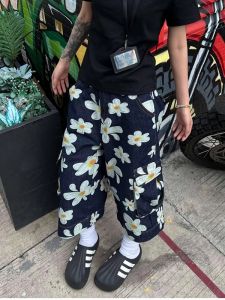 Quần Short Denim in Hoa Cúc Nhỏ Phong Cách Mỹ Cổ Điển Cho Nam Mùa Hè Quần Dài Đến Mắt Cá Chân Rộng Rãi Đa Năng