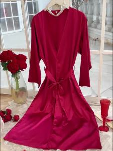 Áo Choàng Ngủ Nữ Sang Trọng Tay Dài Cổ V Chất Liệu Polyester Satin Thoải Mái Dài Đến Giữa Bắp Chân Thích Hợp Cho Việc Thư Giãn Tại Nhà