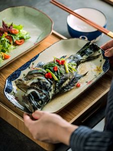 Large Rectangular Ceramic Fish Plate Steamed Fish Dish Japanese Style Deep Dish Dining Utensils Rural Style Glazed under Color