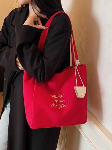 2025 Autumn New Red Canvas Tote Bag Womens Simple Large Capacity Casual Commuting Single Shoulder Bag Trendy