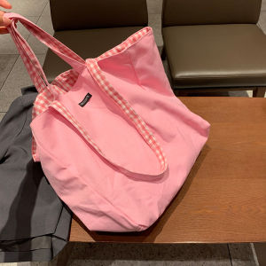 Pink Checkered Canvas Bag Large Capacity Double Sided Carry All Tote Bag Youth Casual Fashion Soft Shoulder Bag for Teens