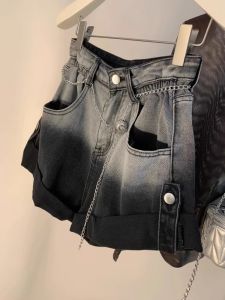 กางเกงขาสั้นยีนส์เอวสูง ทรงหลวม ทรง A-line ลายพราง สำหรับผู้หญิง ทรงเรโทร ฤดูร้อน 2025 กางเกงยีนส์ผู้หญิงทรงหลวม