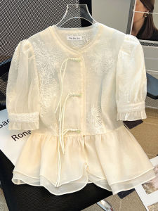 Big Sale Leak-Picking ~ Summer New Chinese Style National Style Buckle Chiffon Shirt for Women Embroider Ruffles Puff Short Sleeve Tops