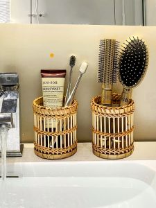 High-End Wicker Makeup Brush Storage Tube Comb Organizer Eye Shadow Brush Makeup Brush Stand Desktop Eyebrow Pencil Lipstick Storage Box