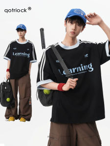 QOTRIOCK | Stripe Contrast Round Neck Collegiate Sporty Loose Summer T-shirt