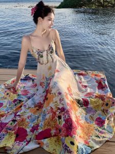 French Pure Desire Colorful Flower Print Halter High Waist Holiday Dress Bohemian Beach Long Skirt Polyester Fiber Maxi Dress