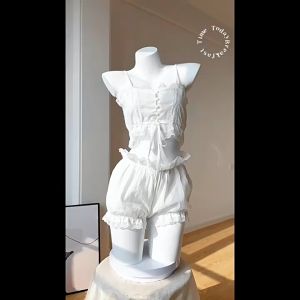 SatisfClothe 💕💕 ผ้ากันเปื้อนสีขาว+กางเกงขาสั้น 💜💜 ชุดนอนเซ็กซี่ชุดสองชิ้น 🚛🚛พร้อมส่ง (H5092)