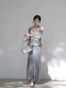 Cantonstory | Floral Gray Mid-Sleeve Thin Cardigan T-Shirt Camisole Midi Skirt