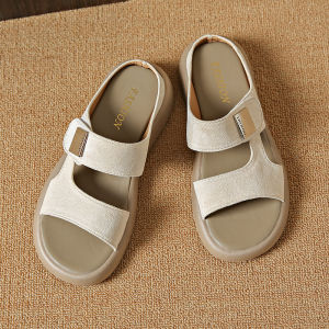 Casual Thick Sole Leather Slippers for Women New Summer Style Non-Slip Soft Bottom Ideal for Beach Outings Trendy Brand