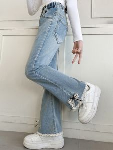 Girls Denim Jeans Spring Autumn New Style Elastic Flared Pants Childrens Lace Trim Trendy Kids Wide Leg Pants Loose Fit