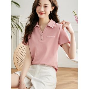 Sllsky Polo Neck T-Shirt Women Short Sleeve Comfortable Slimming Top Cotton Polyester Blend Summer New Style Fashionable