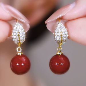 Red Bead Leaf Earrings Womens Fashion Jewelry Fresh out New High-End Sensation Luxury Gold Plated Cubic Zirconia Ear Studs