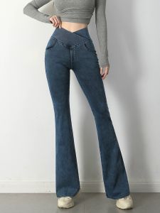 Slimming Yoga Pants Womens Denim Look V-Waist Fitness Sports Long Trousers Quick Dry Outerwear Casual Bootcut Pants