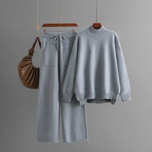 Autumn Winter Women Elegant Knit Sweater Top Pants 2-piece Set Long-sleeved Pullovers Casual Cover Loose Womens Outfits Clothing
