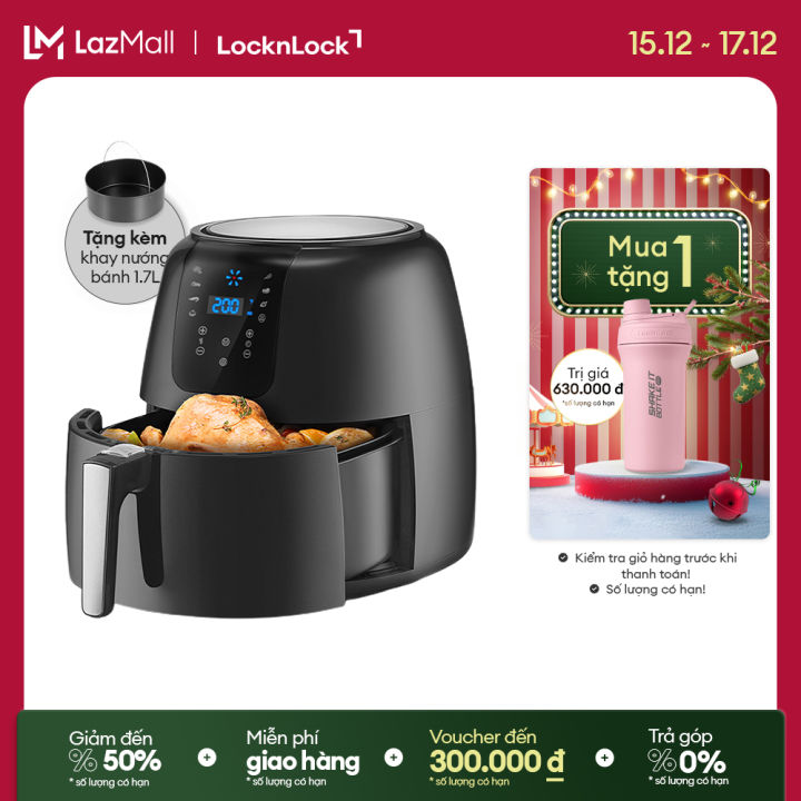 EJF296BLK - Nồi chiên không dầu Lock&Lock Super Jumbo 7.2L - 7 chế độ nấu, Tỏa nhiệt đối lưu 360, Tặng kèm khay bánh - Bảo hành 2 năm
