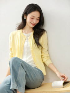 Vimly | Vimly Yellow Knitted Casual Round Neck Sweater Coat Womens Autumn New Style Button Up Polyester Blend Long Sleeve Top