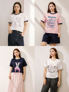 Sweet Cartoon Girl Summer New Plusmall Short Sleeve T-Shirt Dog Rabbit Color Collision Printing round Neck Womens Fashion Top