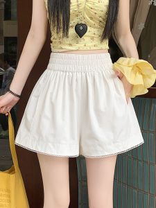 White Lace Trim Short Pants Women Summer Thin Casual Cotton Linen A-Line Loose Waist Wide Leg Hot Pants Korean Style High Waist Elastic Waistband