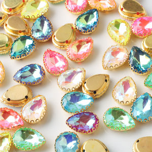 20Pcs Teardrop Colorful Glass Sew On Rhinestones With Gold Claw Handicrafts Sew On Stones For Garment Clothing Accessories