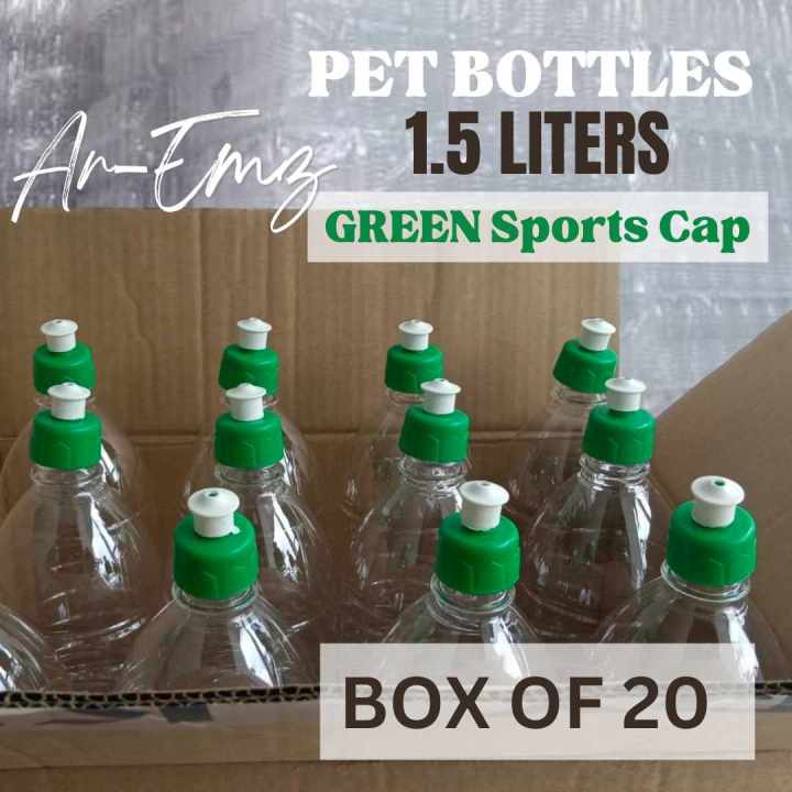 ArEmz Box of 20 (1.5 Liter) Empty Clear Plastic Bottles With Green