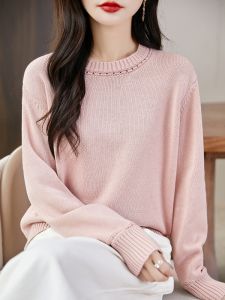 เสื้อสเวตเตอร์คอตตอนหนาถักสำหรับผู้หญิง ทรงหลวม สไตล์ฝรั่งเศส ปกกลม อบอุ่น เสื้อชั้นในฤดูใบไม้ร่วง 2025 ใหม่