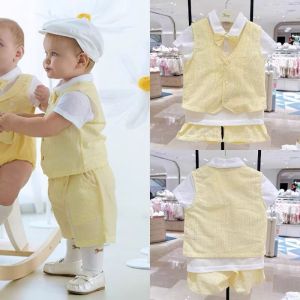 Bộ Đồ Trẻ Em Mùa Hè 25 Áo Sơ Mi Tay Ngắn Màu Vàng Dễ Thương Cho Bé Trai Bộ Ba Mảnh Thời Trang Thường Ngày Bằng Vải Cotton