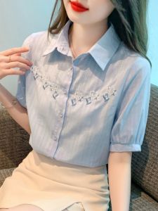 Fashionable Embroidered Pure Cotton Shirt Womens Stylish Summer 2025 New Arrival Age-Defying Top Versatile Polo Collar Short Sleeve