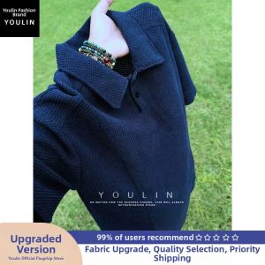 YOULIN | Navy Dragon Scale Pattern Turn-down Collar Short Sleeve Polo Shirts for Men Cool & Breathable Summer Wear