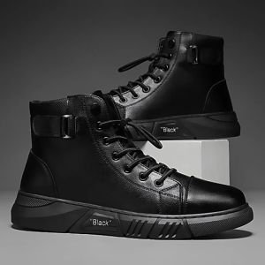 รองเท้าบูทผู้ชายสไตล์ลำลองกลางแจ้ง สีพื้น หนัง PU ด้านนอก & ซับในผ้า รองเท้าสั้นสำหรับทุกฤดูกาล เหมาะสำหรับเดินป่าและสวมใส่ในชีวิตประจำวัน