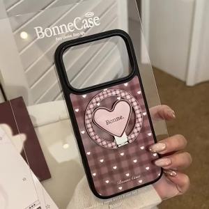 Korean Brown Lattice Fold Love Heart Magnetic Bracket Phone Case For iPhone 17 Air 16 15 14 13 12 Pro Max Shockproof Hard Cover