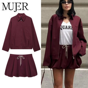MUJER 2025 Balloon Skirt Sets for Women 2 Pieces Mini Skirt Womens Suits Two Pieces Set Long Sleeve Zipper Jacket Woman Outfit