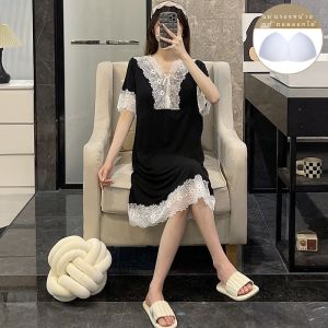 เรียบหรู การนอนหลับแขนสั้นสีเทา เดรส ผู้หญิง ฤดูร้อน Modal ผ้าฝ้าย เซ็กซี่ Ins พร้อมแผ่นรองหน้าอกสามารถสวมใส่นอก Midi เดรส