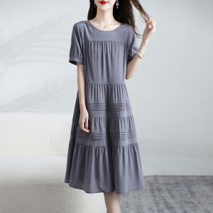 Elegant Silk Dress Womens Sweet Young Style Summer Waist-Cinching Slimming Midi Skirt Pure Color A-Line Silken Gown