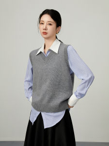 JAJP | Gray Knit Vest for Women Fall High-end Layering Shirt V-neck Pullover Sleeveless Sweater Top