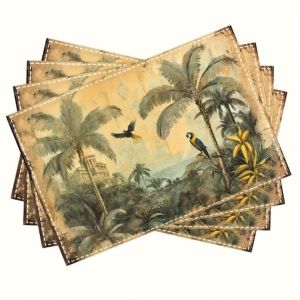VIKAMA Tropical-Style Placemat With Vintage Palm Trees And Birds For Restaurant And Café Atmosphere Table Decoration