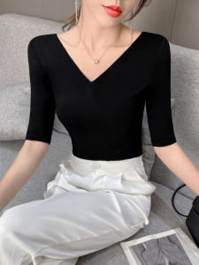 Slim Fit V-Neck Black T-Shirt Women Summer Sleeveless Base Shirt Versatile Shoulder High Sense Half Sleeve Top Pure Color Base Shirt
