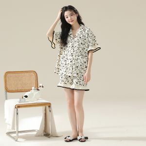 MiiOW | ชุดนอนผู้หญิงผ้าฝ้ายแท้แขนสั้น กางเกงขาสั้น ชุดคาร์ดิแกนหลวมๆ ใส่สบาย ชุดนอนฤดูร้อน ชุดนอนผู้หญิง ชุดนอนผู้หญิง