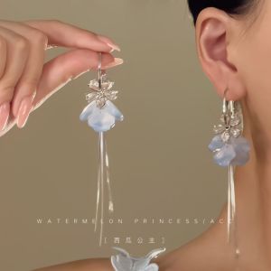 Elegant Long Blue Flower Drop Earrings Womens Fashion Jewelry Beautiful Holiday Style Tassel Ear Decorations Ice Diamond