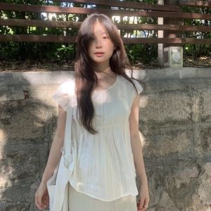 Breathable Loose Fit Lace Trim Splice Cotton round Neck Sleeveless Shirt Womens Summer Thin Layer Comfortable Casual Top