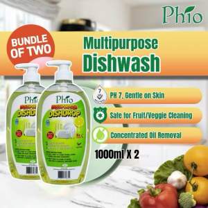 Phio Multipurpose Dishwash 1000ml Double Pack Fruit & Veggie Cleaning Gentle on hands Pencuci Pinggan Serbaguna 温和双手 2支装优惠套组