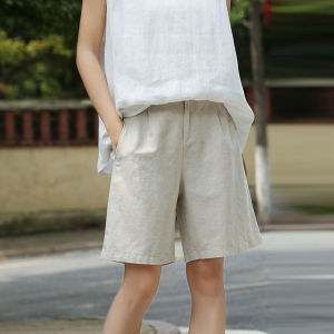 High Waist Straight Leg Cotton Linen Womens Five-Six Shorts Summer Outdoor Wear Casual Pants High Waist Commute Style