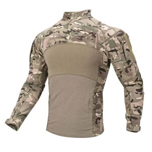 Tactical Shirts Mens Long Sleeve Combat Shirt 1/4 Zipper Ripstop Cotton Camo T Shirts Hunting Clothes Windproof