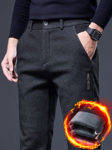 กางเกงขายาวทรงตรงผ้าขนแกะหนาสำหรับผู้ชายในฤดูหนาว กางเกงขายาวลำลองแบบหนาและอบอุ่นสำหรับใส่ไปทำงาน ทรงหลวม เหมาะกับฤดูใบไม้ร่วงและฤดูหนาว