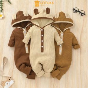 Áo Liền Quần Bé Gái Bé Trai Sơ Sinh LOTUKA Chất Len Tăm Bodysuit Có Mũ Cho Bé 3-12kg