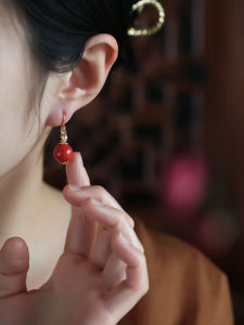 ต่างหูโคมไฟฟ้าพีชธรรมชาติทองแดงบริสุทธิ์ ต่างหูทรงกลมสไตล์จีนโบราณสำหรับผู้หญิง เครื่องประดับแฟชั่น