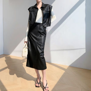 Fall and Winter New Arrival Genuine Leather Skeleton-Skin Sleeveless Waistcoat Vest Vest Import First Layer Sheepskin Suit Skirt Midi Dress