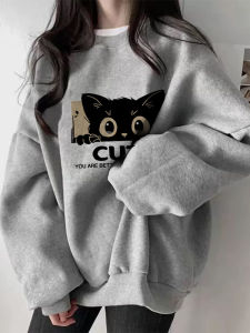 Áo Nỉ Lót Lông Cừu Mỏng Dáng Rộng Cho Nữ Mùa Thu 2024 Áo Khoác Ngoài Phong Cách Đường Phố Thường Ngày Cổ Tròn Tay Dài Họa Tiết Hoạt Hình