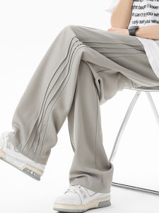 กางเกงขายาวทรงหลวมสไตล์อเมริกันสำหรับผู้ชาย กางเกงขายาวทรงตรงพับสีทาง กางเกงขายาวทรงหลวมสำหรับใส่ไปทำงาน
